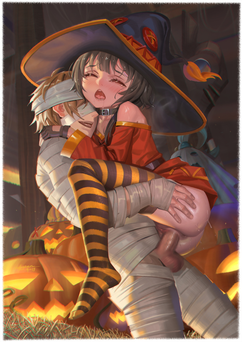 1boy 3girls absurdres alphonse_(white_datura) aqua_(konosuba) bandages belt black_belt black_hair black_hat black_thighhighs censored closed_eyes darkness_(konosuba) halloween hat hetero highres jack-o&#039;-lantern kono_subarashii_sekai_ni_shukufuku_wo! loli medium_hair megumin mosaic_censoring multiple_girls mummy_costume open_mouth orange_thighhighs penis pumpkin red_shirt satou_kazuma sex shirt striped_clothes striped_thighhighs suspended_congress testicles thighhighs vaginal witch_hat