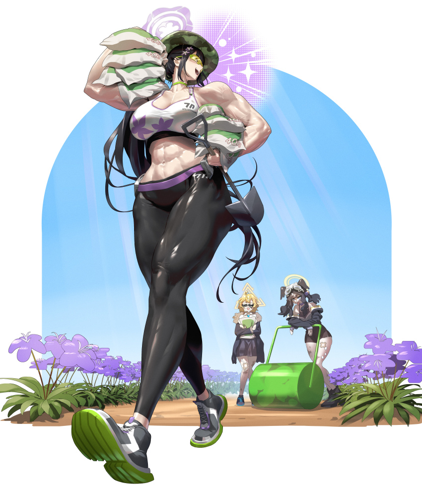 3girls abs absurdres blue_archive border breasts carrying carrying_over_shoulder commentary foreshortening garden gardening halo hibiki_(blue_archive) highres korean_commentary kotori_(blue_archive) large_breasts long_hair multiple_girls muscular muscular_female outside_border perspective ponytail qtime_702 shovel smile solo sportswear strong sumire_(blue_archive) thighs very_long_hair walking white_border