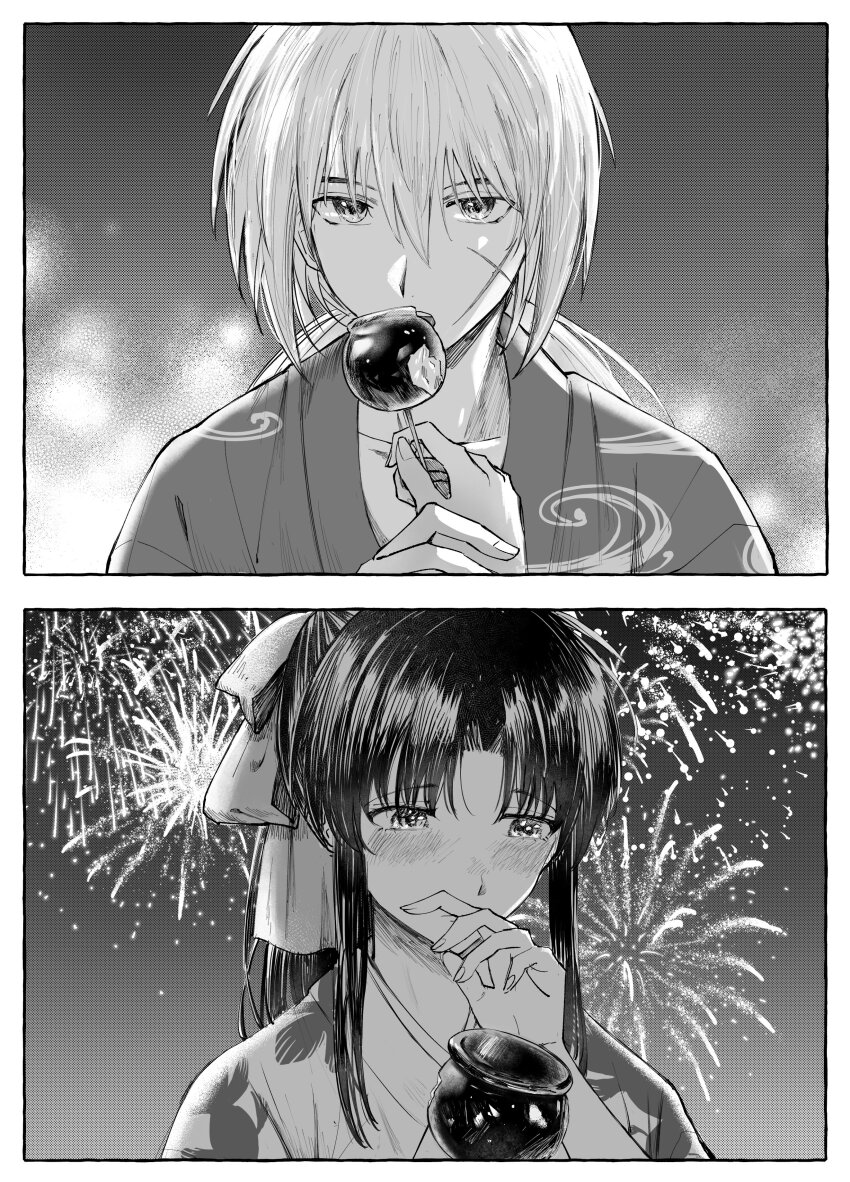 1boy 1girl absurdres animal_print averting_eyes blush candy_apple collarbone commentary_request couple covering_own_mouth cross_scar facial_scar fireworks fish_print food geolu greyscale hair_ribbon high_ponytail highres himura_kenshin holding holding_candy_apple holding_food japanese_clothes kamiya_kaoru kimono long_hair looking_at_viewer monochrome outdoors ponytail pov print_kimono ribbon rurouni_kenshin scar scar_on_cheek scar_on_face sidelocks upper_body