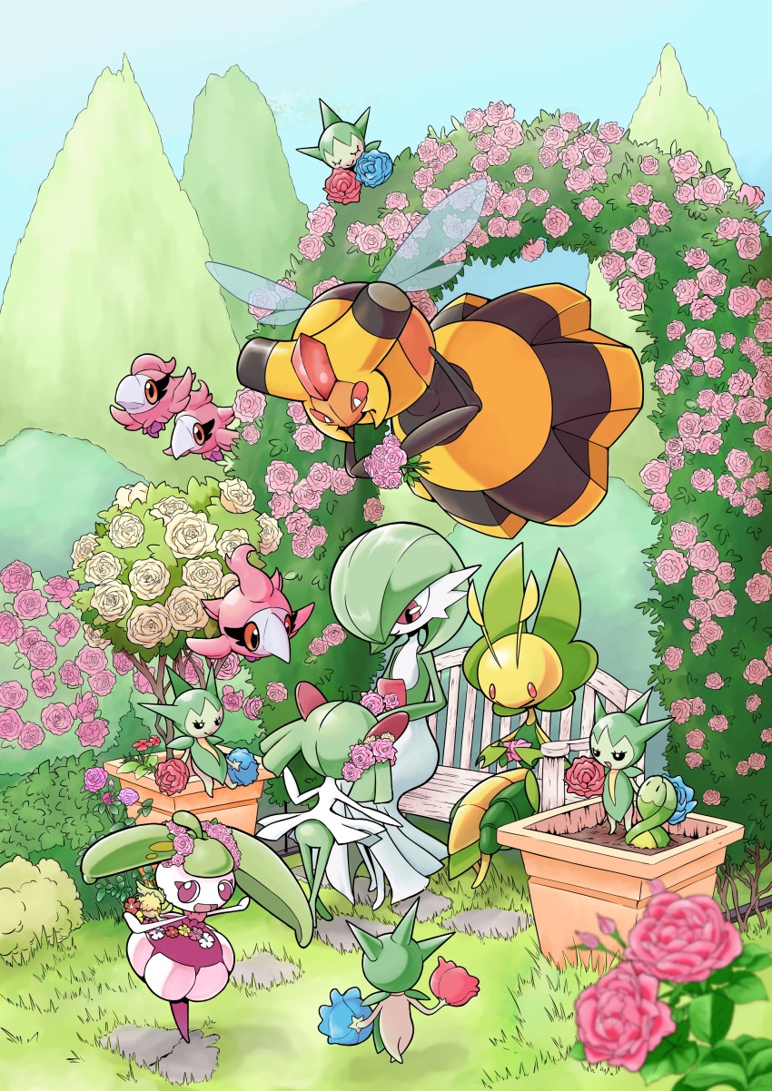 absurdres bench budew bush commentary_request day flower gardevoir gen_3_pokemon gen_4_pokemon gen_5_pokemon gen_6_pokemon gen_7_pokemon grass highres kirlia leavanny nintendo no_feet no_humans outdoors pink_flower pokemon pokemon_(creature) q-chan roselia_(pokemon) sitting spritzee steenee vespiquen