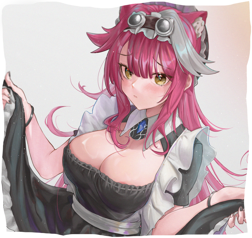 1girl :c absurdres animal_ear_fluff animal_ears apron black_dress black_hat black_nails blue_gemstone blush border breasts cleavage closed_mouth dress fingernails frown gem goggles goggles_on_head gradient_background grey_background grey_hair hair_between_eyes hat highres hololive hololive_english large_breasts light_particles long_hair luirck maid multicolored_hair nail_polish panther_ears panther_girl pink_hair pink_lips raora_panthera short_sleeves skirt_hold solo star_(symbol) star_in_eye streaked_hair symbol_in_eye two-tone_hair virtual_youtuber white_apron white_border yellow_eyes