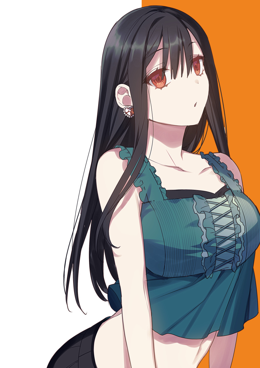 1girl absurdres arched_back bare_shoulders black_hair black_pants breasts camisole chihara_mai collarbone commentary_request earrings frilled_camisole frills green_camisole hair_between_eyes highres jewelry jirai_nan_desu_ka?_chihara-san long_hair medium_breasts midriff official_art orange_background orange_eyes pants parted_lips ryon_(ryonhei) solo straight_hair two-tone_background upper_body white_background