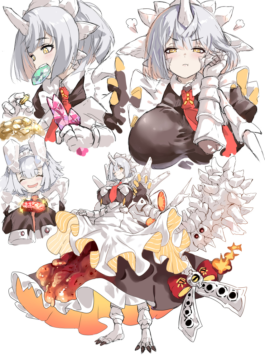 2girls :t absurdres apron basarios breasts clawed_feet drooling eating full_body gem gravios highres horns large_breasts maid maid_apron maid_headdress monster_girl monster_hunter_(series) mother_and_daughter multiple_girls multiple_views necktie personification red_necktie single_horn sleeves_past_wrists tail umitsuki white_hair yellow_eyes