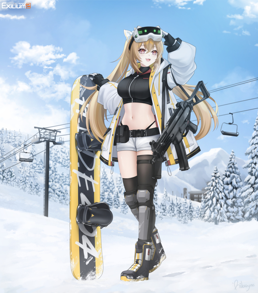 1girl asymmetrical_legwear belt belt_pouch black_belt black_boots black_gloves black_shirt black_thighhighs blonde_hair boots bow breasts coat colored_shoe_soles cropped_shirt fingerless_gloves girls&#039;_frontline girls&#039;_frontline_2:_exilium gloves goggles goggles_on_head gondola gun h&amp;k_ump hair_bow highres lenna_(girls&#039;_frontline_2) long_hair midriff mountain navel open_clothes open_coat open_mouth panty_straps pouch rail_(weapon) red_eyes rika_ryne shirt shorts signature snow snowboard solo submachine_gun thighhighs tree ump9_(girls&#039;_frontline) weapon white_bow white_coat white_shorts zipper zipper_pull_tab