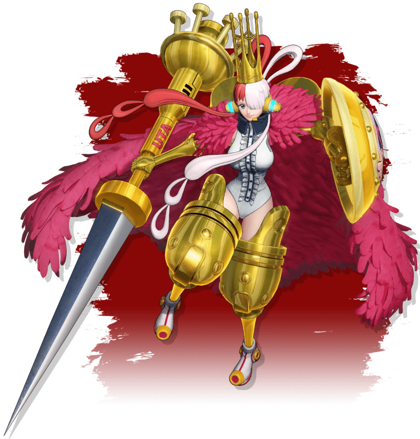 1girl 3d aircraft airplane alternate_costume armor armored_boots bare_shoulders blade boots breasts cape crown curvy devil_fruit dress feathers female_focus fingernails fortissimo full_body fur_trim gauntlets gloves gold hair_ornament hair_over_one_eye headphones highleg highleg_leotard highres holding holding_shield jacket jacket_on_shoulders jet jetpack lance large_breasts leotard long_hair long_sleeves looking_at_viewer multicolored_hair music musical_note musical_note_hair_ornament official_alternate_costume official_art one_piece one_piece:_pirate_warriors one_piece:_pirate_warriors_4 pale_skin polearm purple_eyes red_hair revealing_clothes shield smile solo sword thick_thighs thighs transparent_background turtleneck two-tone_hair upper_body uta_(one_piece) very_long_hair weapon white_hair white_leotard wide_hips