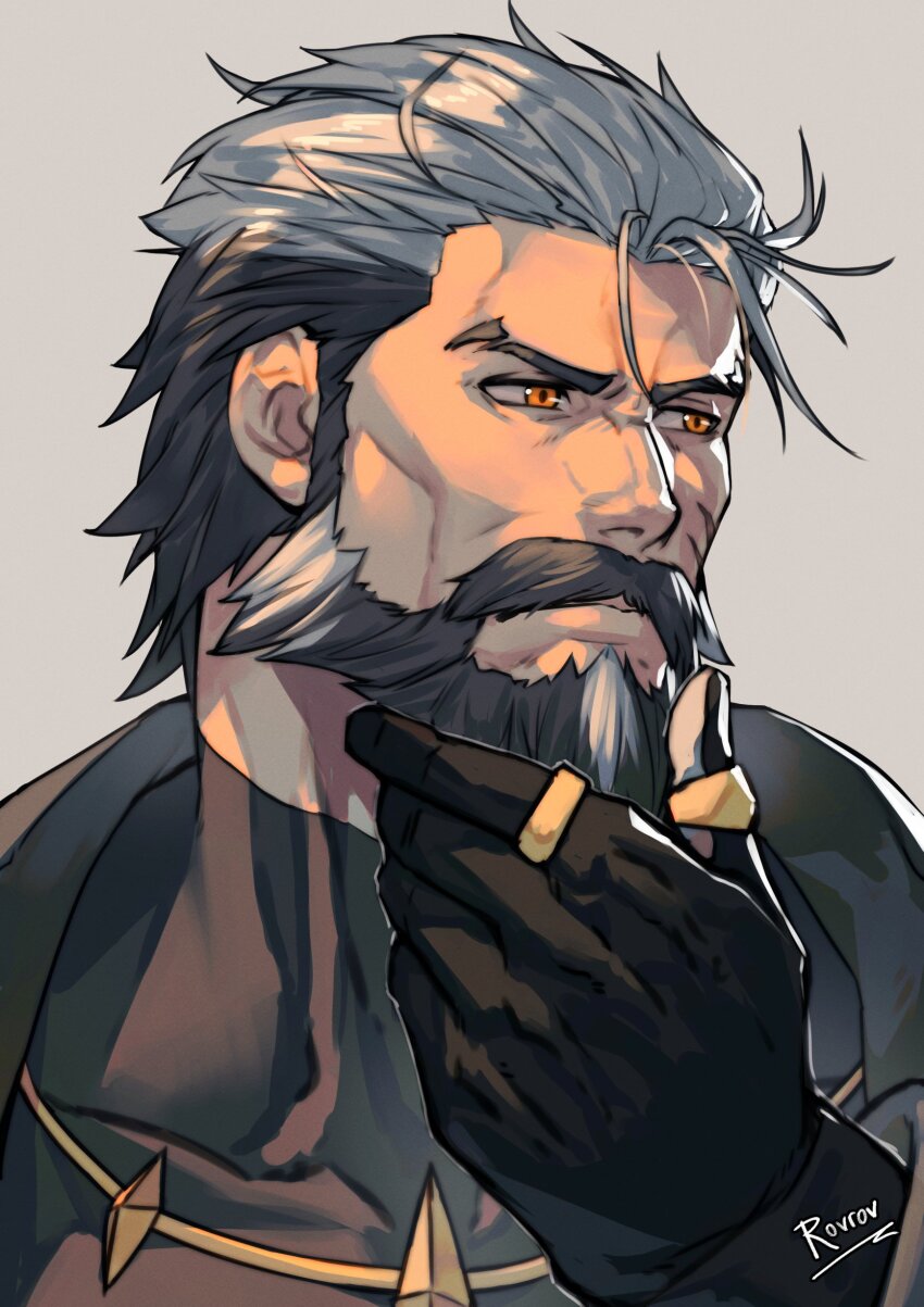 1boy absurdres artist_name beard black_beard black_gloves black_hair closed_mouth collarbone compression_shirt covered_pectorals facial_hair gloves gold_ring grey_background grey_beard grey_hair hand_on_own_chin highres jewelry leather looking_to_the_side male_focus mature_male multicolored_hair multiple_rings muscular muscular_male mustache orange_eyes pectorals pompey_(zenless_zone_zero) ring rovrov short_hair solo two-tone_beard white_beard zenless_zone_zero