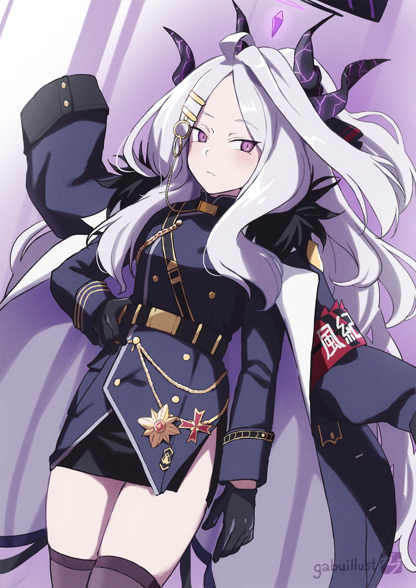 ahoge black_coat black_gloves black_halo black_skirt black_thighhighs blue_archive breasts coat coat_on_shoulders demon_girl demon_horns demon_wings gabuillust gloves halo highres hina_(blue_archive) horns long_hair looking_at_viewer purple_eyes skirt small_breasts standing thighhighs white_hair wings