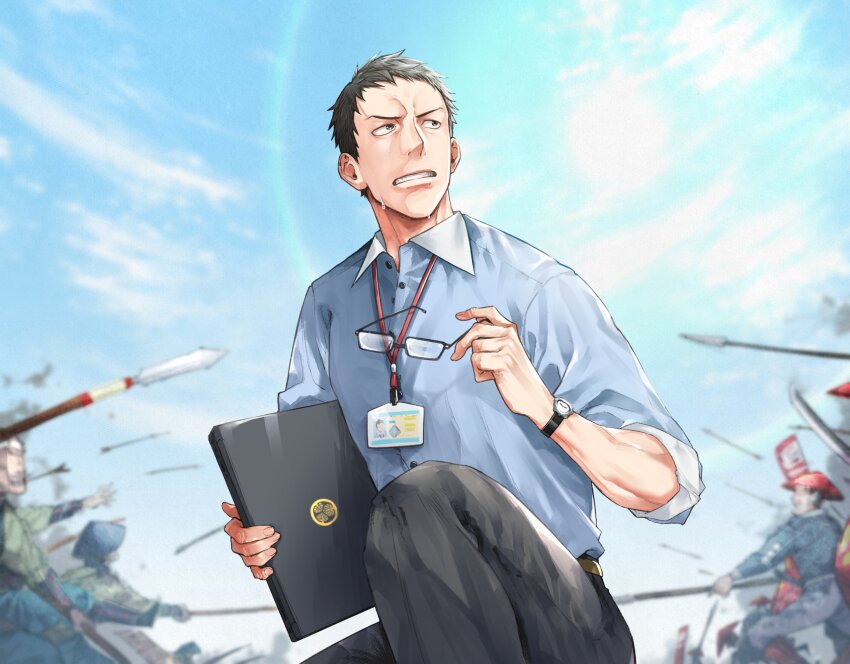 6+boys agohige_x army arrow_(projectile) battle black-framed_eyewear black_hair black_pants blue_shirt blue_sky clenched_teeth cloud collared_shirt commentary_request computer conical_hat day feet_out_of_frame furrowed_brow glasses grey_eyes highres holding holding_laptop holding_removed_eyewear id_card lanyard laptop looking_to_the_side male_focus multiple_boys nijisanji outdoors pants pike_(weapon) polearm rectangular_eyewear salaryman scared shirt shirt_tucked_in short_hair sky sleeves_rolled_up squatting sun sweat teeth time_travel toned toned_male unworn_eyewear very_short_hair virtual_youtuber war watch weapon wristwatch yashiro_kizuku yashiro_kizuku_(1st_costume)