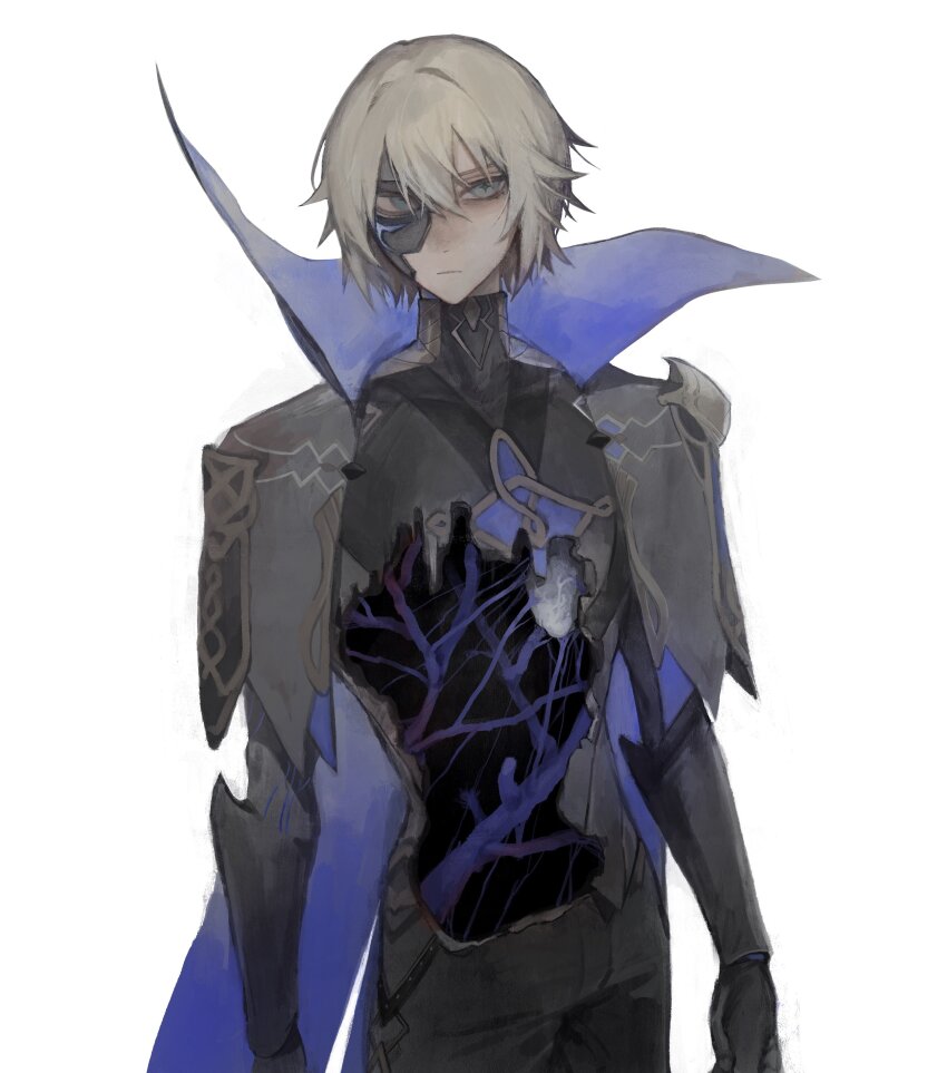 1boy absurdres black_coat black_gloves black_pants blonde_hair blue_cape blue_eyes cape closed_mouth coat cowboy_shot dainsleif_(genshin_impact) gauntlets genshin_impact gloves heart_(organ) highres hollow_body kaimochi0839 looking_to_the_side pants simple_background solo upper_body veins white_background