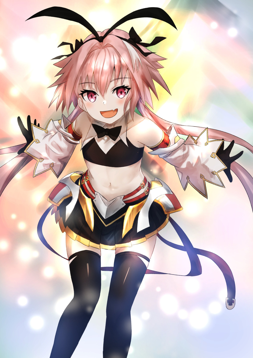 1boy absurdres animal_ears art_itou astolfo_(fate) astolfo_(saber)_(fate) astolfo_(saber)_(first_ascension)_(fate) black_bow black_bowtie black_gloves black_ribbon black_shirt black_skirt black_thighhighs blush bow bowtie cropped_shirt fake_animal_ears fang fate/grand_order fate_(series) gloves hair_between_eyes hair_bow hair_intakes highres long_hair low_twintails multicolored_hair open_mouth pink_hair pleated_skirt purple_eyes rabbit_ears ribbon shirt skin_fang skirt smile streaked_hair thighhighs trap twintails very_long_hair white_hair wing_collar