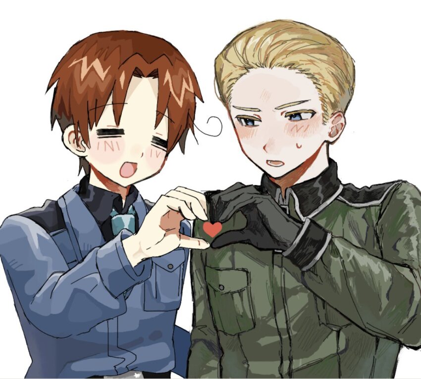 2boys ahoge axis_powers_hetalia belt black_belt black_gloves black_shirt blonde_hair blue_eyes blue_jacket blue_necktie blush breast_pocket brown_hair closed_eyes collared_jacket collared_shirt commentary_request cross germany_(hetalia) gloves green_jacket hand_up heart heart_hands iron_cross jacket lapels long_sleeves looking_at_another male_focus multiple_boys narabiii400 necktie northern_italy_(hetalia) open_mouth pocket puffy_long_sleeves puffy_sleeves shirt short_hair simple_background smile sweatdrop teeth upper_body white_background yaoi