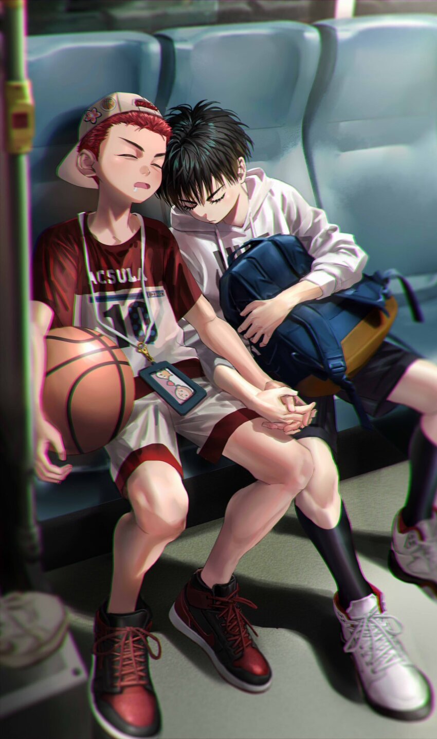 2boys aged_down backpack backwards_hat bag ball baseball_cap basketball_(object) black_hair black_shorts black_socks bus bus_interior child chinese_commentary chromatic_aberration closed_eyes commentary drooling hat heads_together highres holding holding_bag holding_ball holding_hands hood hood_down hoodie interlocked_fingers lanyard lnsh34289778 male_focus motor_vehicle multicolored_clothes multiple_boys number_print on_chair print_hoodie print_shirt red_footwear red_hair rukawa_kaede sakuragi_hanamichi saliva shirt shoes short_sleeves shorts sitting slam_dunk_(series) sleeping sleeves_rolled_up sneakers socks t-shirt white_footwear white_hood white_hoodie