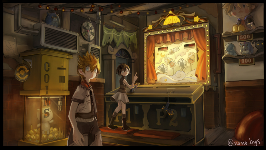 1boy 1girl absurdly_detailed_composition arcade artist_name bad_id bad_twitter_id black_hair blue_eyes crane_game dream_eater_(kingdom_hearts) heartless highres kingdom_hearts kingdom_hearts_iii loaded_interior looking_at_viewer looking_back momoppi moogle roxas short_hair skirt sleeveless sora_(kingdom_hearts) spiked_hair standing twitter_username xion_(kingdom_hearts)