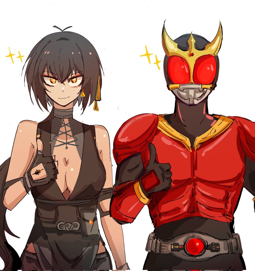 1boy 1girl arczaeon bare_shoulders black_dress black_hair breasts cleavage cowboy_shot dress eyeshadow female_rover_(wuthering_waves) highres kamen_rider kamen_rider_kuuga kamen_rider_kuuga_(series) long_hair makeup medium_breasts ponytail rover_(wuthering_waves) simple_background smirk sparkle thumbs_up white_background wuthering_waves yellow_eyes