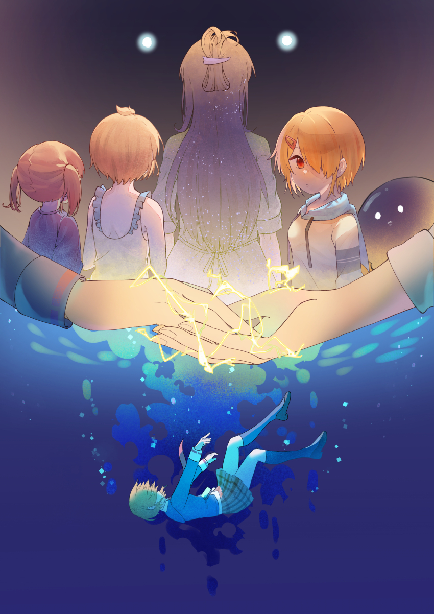 3girls absurdres age_progression asphyxiation blonde_hair drowning hair_over_one_eye heaven_burns_red highres in_water jacket kayamori_hina kayamori_ruka multiple_girls narvy_(heaven_burns_red) ocean short_hair spoilers underwater utsuru515