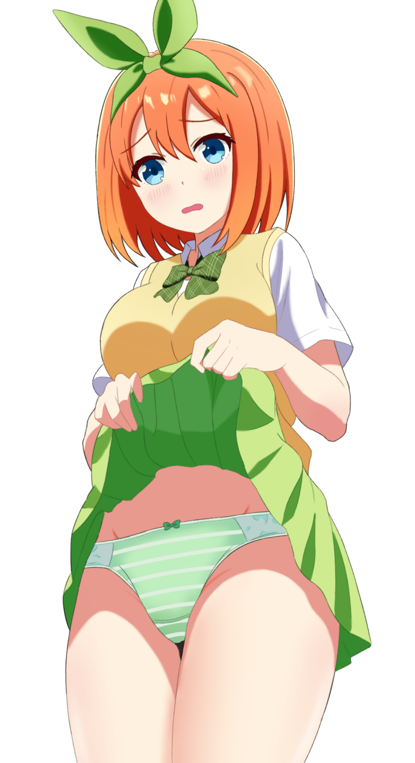 1girl blue_eyes bow bowtie breasts clothes_lift collared_shirt diagonal-striped_bow diagonal-striped_bowtie diagonal-striped_clothes go-toubun_no_hanayome green_bow green_bowtie green_panties green_ribbon green_skirt groin hair_ribbon highres lifting_own_clothes munami nakano_yotsuba orange_hair panties ribbon school_uniform shirt short_sleeves simple_background skirt solo standing striped_clothes striped_panties sweater_vest underwear white_background white_shirt yellow_sweater_vest