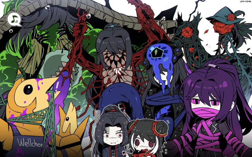 1girl 6+boys ambling_pearl arms_up asdf1211950 black_coat black_hair blubbering_toad_(project_moon) cavernous_wailing_(e.g.o) coat dimension_shredder_(e.g.o) e.g.o_(project_moon) effervescent_corrosion_(e.g.o) extra_teeth highres hong_lu_(project_moon) jia_huan_(project_moon) jia_xichun_(project_moon) lapels lasso_(e.g.o) limbus_company long_hair multicolored_hair multiple_boys notched_lapels open_mouth opened_can_of_wellcheers parted_bangs pink_eyes pink_ribbon pink_shoes_(project_moon) ponytail project_moon purple_hair red_eyes ribbon rose_hunter roseate_desire_(e.g.o) simple_background streaked_hair twintails very_long_hair wayward_passenger white_background white_hair