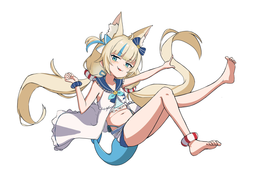 1girl animal_ear_fluff animal_ears barefoot blonde_hair blue_eyes blue_streaks cat_ears dress feet fins fish_tail gustaflowart highres indie_virtual_youtuber lifebuoy_hair_ornament long_hair low_twintails navel one_side_up open_clothes open_dress sailor_dress sameko_saba simple_background solo tail twintails virtual_youtuber white_background white_dress