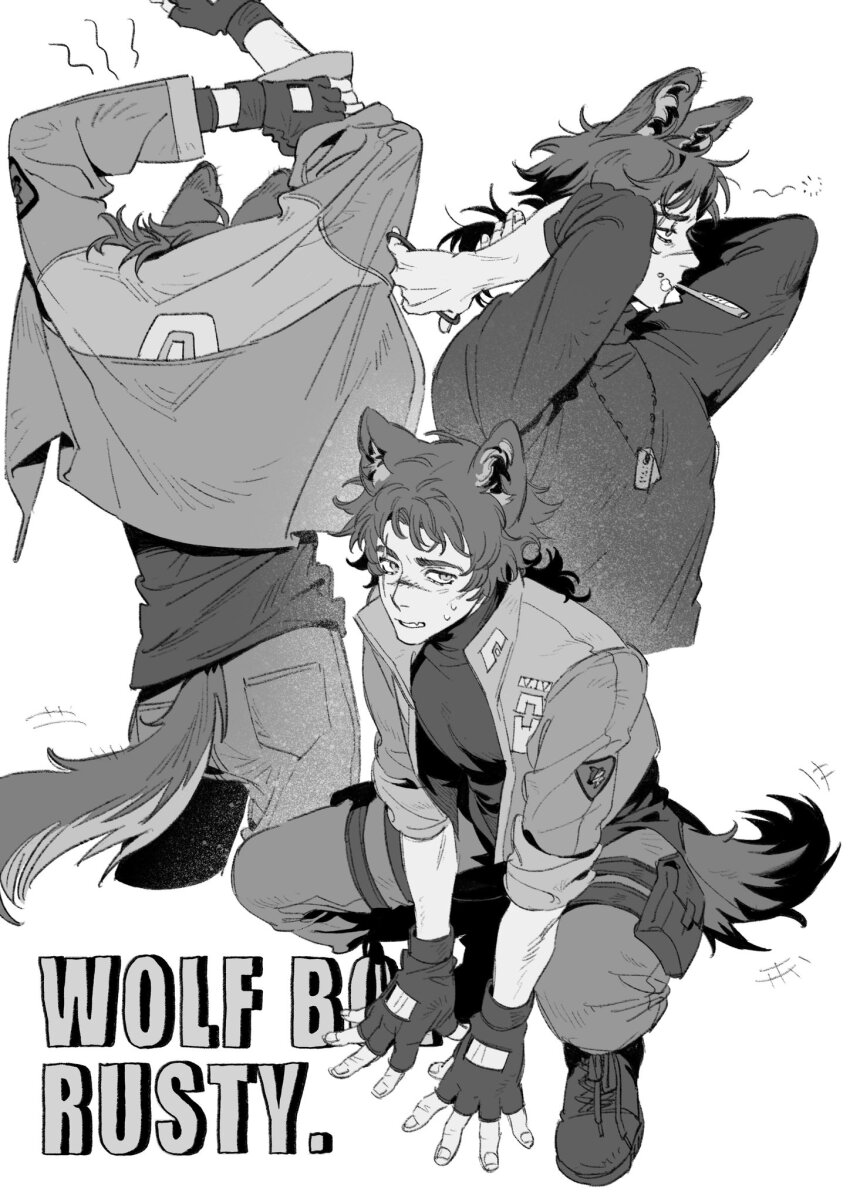 1boy animal_ear_fluff animal_ears armored_core armored_core_vi:_fires_of_rubicon arms_up boots character_name cowboy_shot dog_boy dog_ears dog_tags dog_tail fingerless_gloves full_body gloves highres jacket la_bo_chu_shi long_hair looking_at_viewer male_focus mouth_hold pants ponytail pouch profile scar scar_across_eye scar_on_face scar_on_nose shirt simple_background sleeves_rolled_up squatting standing sweatdrop tail thigh_pouch toothbrush tying_hair v.iv_rusty