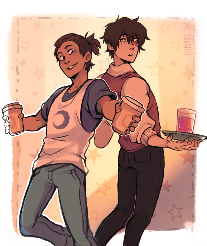 2boys avatar:_the_last_airbender avatar_legends black_hair black_legwear black_pants blue_eyes brown_hair burn_scar coffee cup dark-skinned_male dark_skin denim disposable_cup drink drinking_glass facial_scar hair_between_eyes highres ikimaru jeans looking_at_viewer medium_hair multiple_boys orange_eyes pale_skin pants plate red_sweater red_vest scar scar_across_eye scar_on_cheek scar_on_face short_hair smile sokka sweater sweater_vest undercut vest zuko