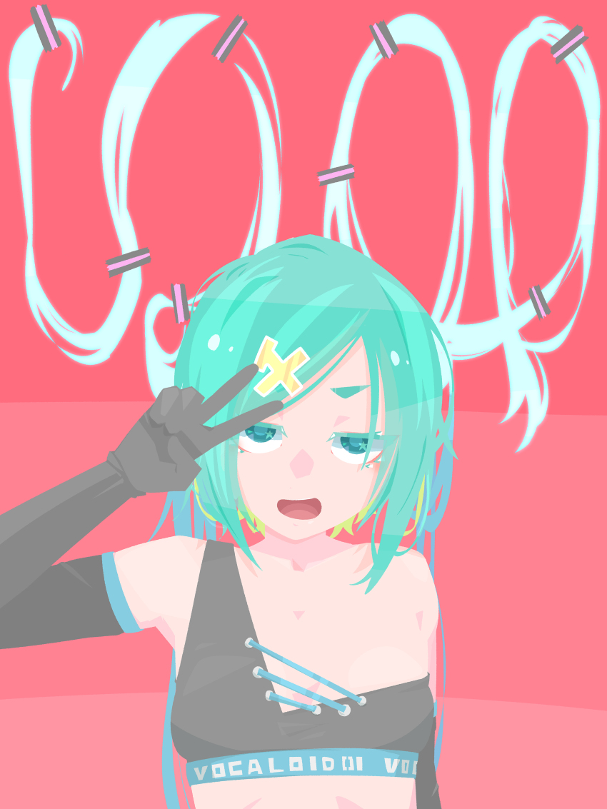 1girl absurdres arm_up blue_eyes blue_hair breasts commentary_request elbow_gloves gloves grey_gloves grey_sports_bra hair_ornament hairclip hara_id_21 hatsune_miku highres long_hair looking_at_viewer milestone_celebration no_lineart open_mouth pink_background small_breasts smile solo sports_bra swept_bangs twintails upper_body v vocaloid