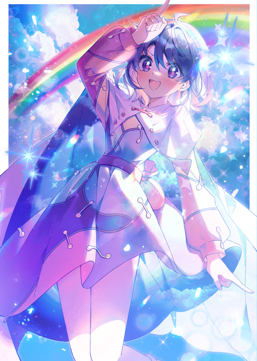 1girl :d ahoge arm_at_side arm_up backlighting belt blue_eyes blue_hair blue_sky border cape cloud cloudy_sky cowboy_shot dated_commentary day floating_clothes floating_hair highres index_finger_raised it_po_(sss_cmy) looking_at_viewer medium_skirt open_mouth outside_border pink_pupils rainbow short_hair skirt sky smile solo sparkle tenkyuu_chimata touhou v-shaped_eyebrows white_border white_cape zipper
