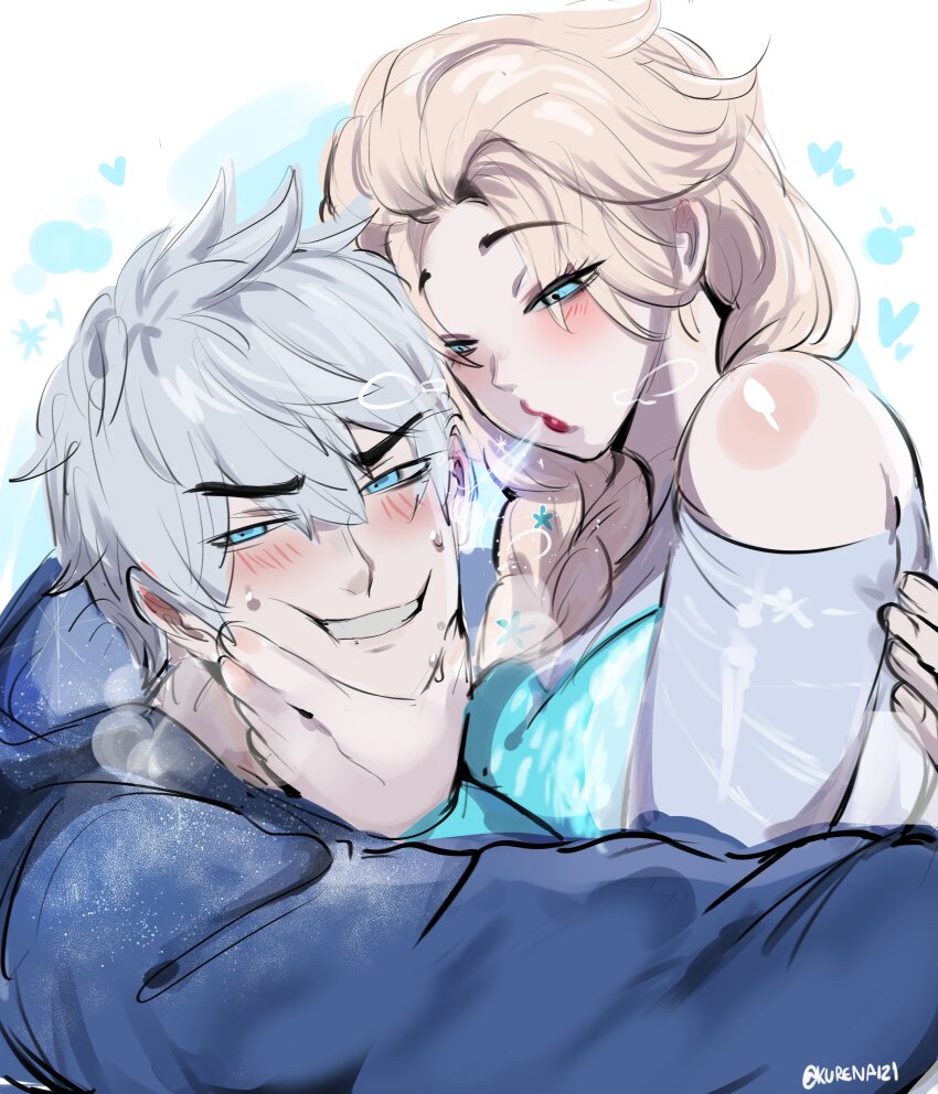1boy 1girl absurdres animification blonde_hair blowing blue_eyes blue_jacket braid breasts commentary crossover elsa_(frozen) english_commentary eyes_visible_through_hair frozen_(disney) grey_hair hands_on_another&#039;s_cheeks hands_on_another&#039;s_face hetero highres jack_frost_(rise_of_the_guardians) jacket jelsa kurenaiz_(kuayrenaiz) medium_breasts power_connection red_lips rise_of_the_guardians side_braid snowflakes sweat twitter_username
