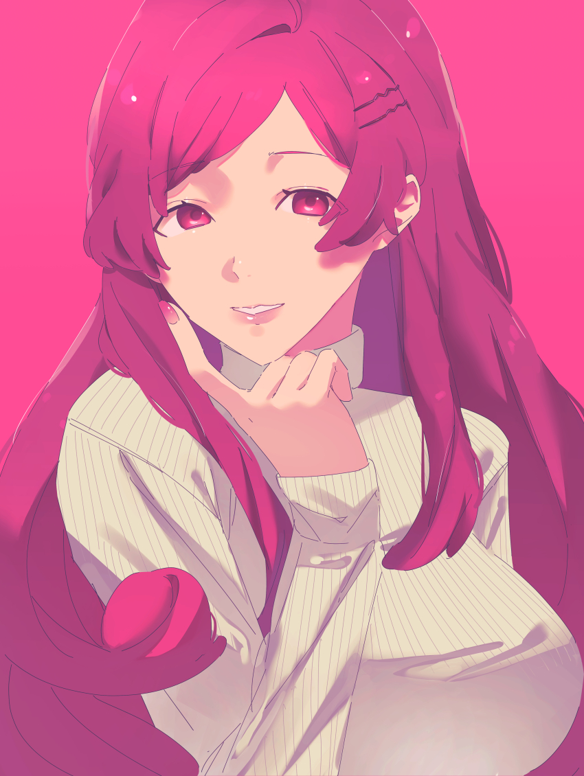 1girl absurdres alternate_costume bleach breasts casual commentary hair_ornament hairclip hand_up hannahyu highres index_finger_raised large_breasts long_hair looking_at_viewer meninas_mcallon parted_bangs parted_lips pink_background pink_eyes pink_hair pink_lips pink_theme ribbed_sweater simple_background sleeves_past_wrists smile solo sweater turtleneck turtleneck_sweater upper_body very_long_hair white_sweater