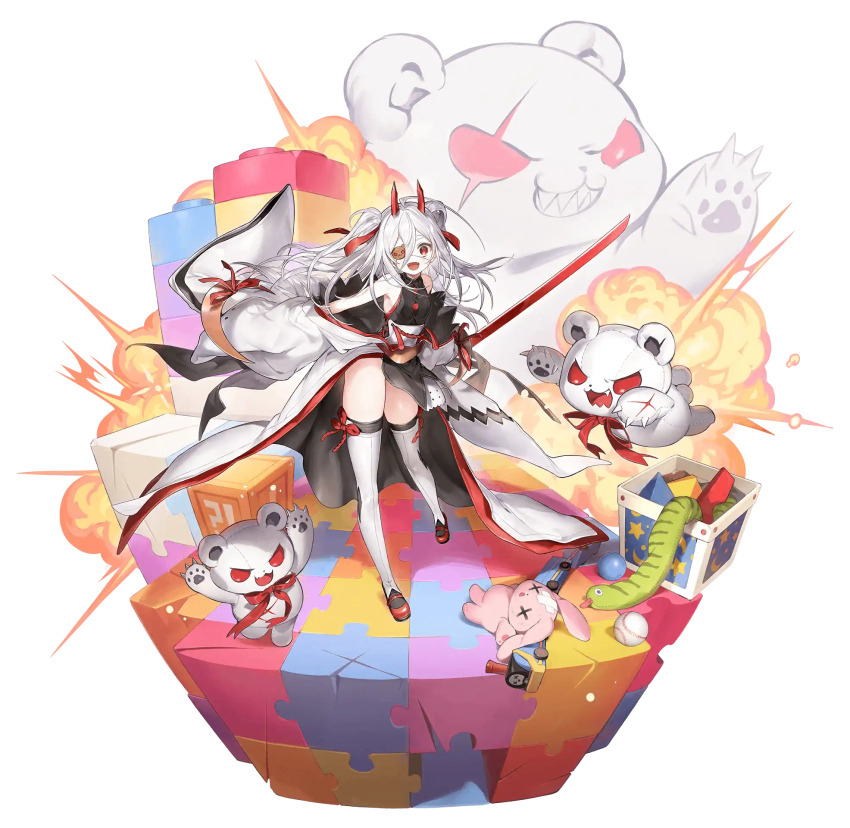 1girl artery_gear artery_gear:_fusion artist_request bear_eyepatch grey_hair highres holding holding_sword holding_weapon horns japanese_clothes katana kimono long_hair md5_mismatch official_art oni_horns oversized_clothes red_eyes red_horns shura_(artery_gear) stuffed_animal stuffed_rabbit stuffed_snake stuffed_toy sword teddy_bear thighhighs transparent_background two_side_up weapon webp-to-png_conversion white_kimono white_thighhighs