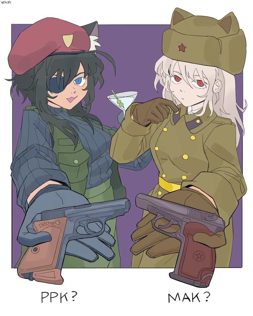 19vodnik 2girls :3 absurdres alcohol animal_ear_fluff animal_ear_headwear animal_ears belt beret black_gloves black_hair black_sweater blue_eyes brown_gloves brown_jacket cat_ears cat_girl coat cocktail cocktail_glass collar_tabs collared_jacket cup drinking_glass eyepatch fake_animal_ears fur_hat gloves greatcoat green_skirt green_vest gun handgun hat highres holding holding_cup holding_gun holding_weapon jacket leather leather_gloves light_frown long_hair long_sleeves makarov_pm martini messy_hair military multiple_girls olive original overcoat purple_background red_eyes red_star ribbed_sweater simple_background skirt soviet soviet_army star_(symbol) sweater turtleneck turtleneck_sweater uniform ushanka vest walther walther_ppk weapon white_background white_hair