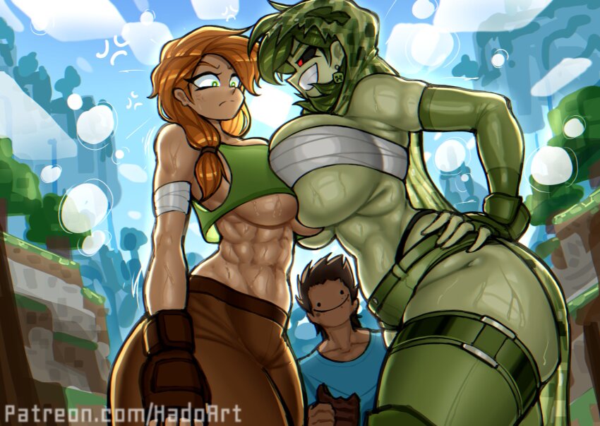 abs alex_(minecraft) anger_vein backlighting bandaged_arm bandages black_sclera blue_shirt breast_press breasts bright_pupils brown_gloves brown_hair colored_sclera commentary constricted_pupils creeper crop_top earrings english_commentary fingerless_gloves gloves green_eyes green_gloves green_hair green_shirt grin hado_(zzzhadozzz) highres huge_breasts jewelry large_breasts minecraft muscular muscular_female orange_hair patreon_username red_eyes shirt smile steve_(minecraft) sweat symmetrical_docking thick_thighs thighs white_pupils