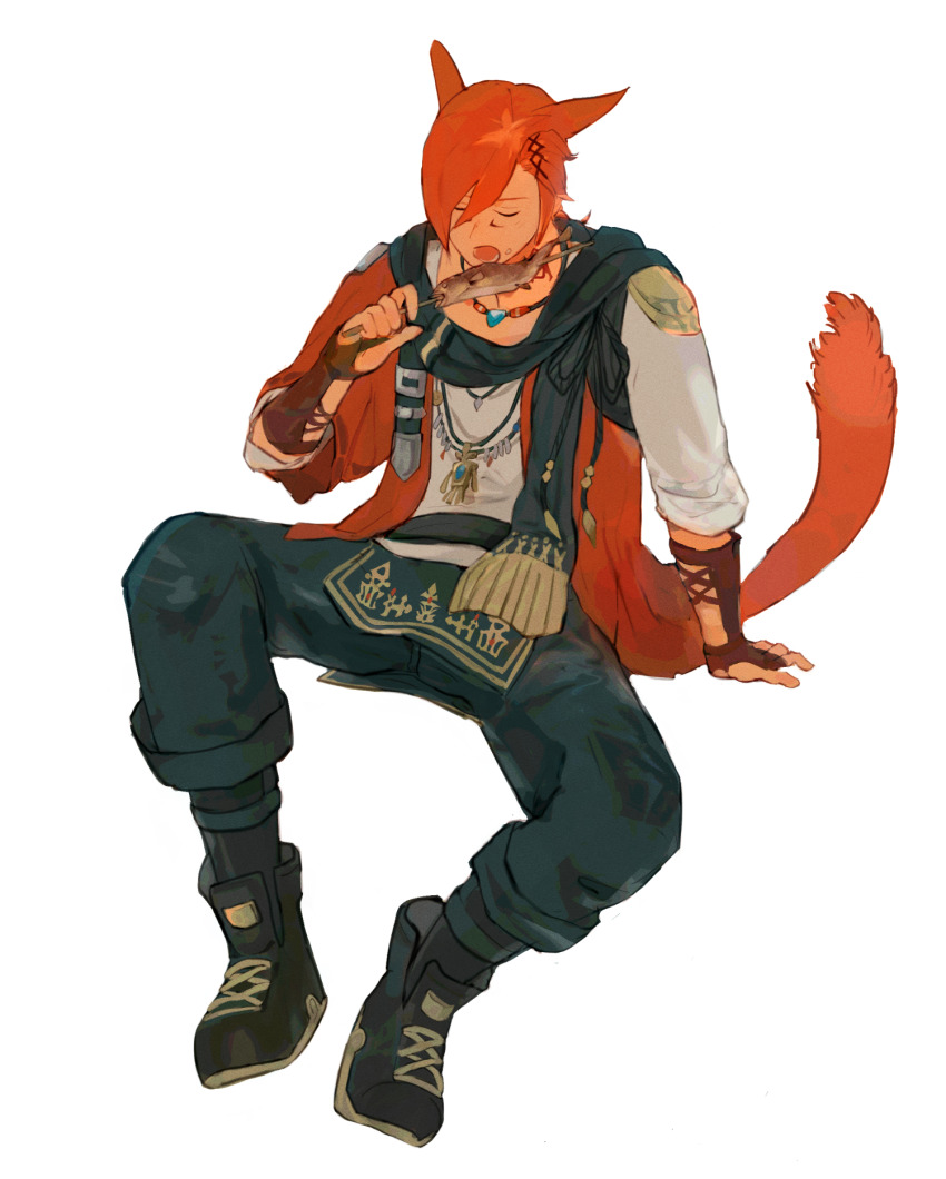 1boy animal_ears black_boots black_pants black_scarf boots bracer cat_boy cat_ears cat_tail closed_eyes eating facial_mark final_fantasy final_fantasy_xiv fish_(food) full_body g&#039;raha_tia grbraku hair_ornament highres holding holding_skewer jacket jewelry male_focus miqo&#039;te open_mouth pants pendant red_hair red_jacket scarf shirt short_hair simple_background sitting skewer solo swept_bangs tail white_background white_shirt x_hair_ornament