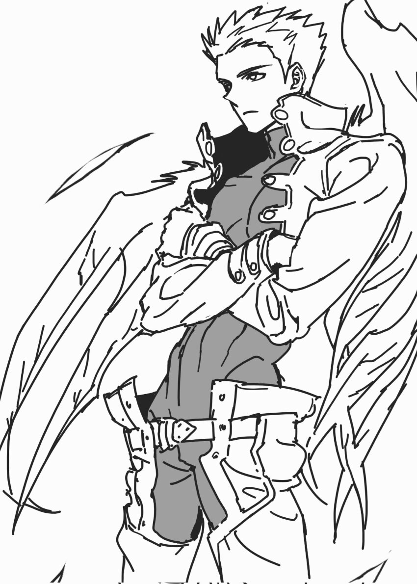 1boy belt bodysuit closed_mouth collared_jacket cowboy_shot cropped_jacket crossed_arms highres jacket lineart looking_to_the_side millions_knives monochrome solo spiked_hair trigun trigun_maximum turtleneck wings