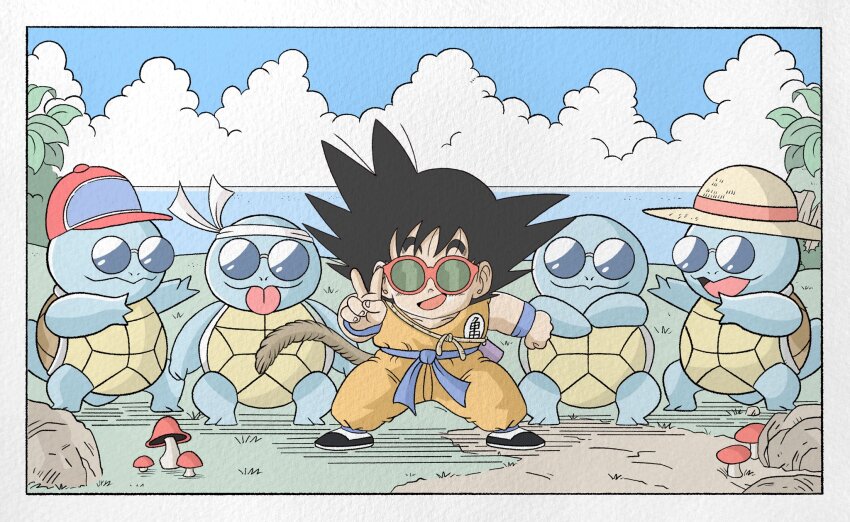 1boy baseball_cap beach black_hair blue_sky cloud crossover day dougi dragon_ball dragon_ball_(classic) gen_1_pokemon hat highres holding looking_at_viewer mushroom nintendo ocean open_mouth outdoors pokemon pokemon_(creature) rock sky smile son_goku spiked_hair squirtle squirtle_squad sunglasses tail tongue tongue_out turtle water wesatinthecar wristband