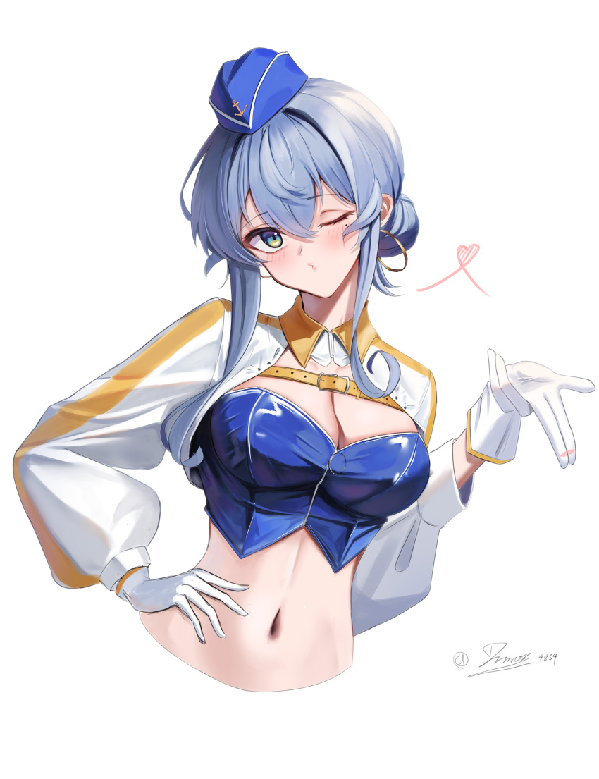 1girl absurdres blue_bustier blue_eyes blue_hair breasts crop_top dimos_(dawn_1945) garrison_cap gloves gotland_(2022_race_queen)_(kancolle) gotland_(kancolle) hair_bun hat heart highres kantai_collection large_breasts mole mole_under_eye navel official_alternate_costume one_eye_closed race_queen shrug_(clothing) single_hair_bun solo strapless white_gloves white_shrug