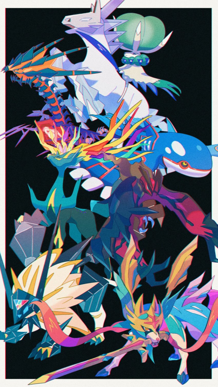 black_background black_sclera border calyrex calyrex_(rider) claws colored_sclera commentary eternatus fangs film_grain gen_3_pokemon gen_6_pokemon gen_7_pokemon gen_8_pokemon glastrier highres kyogre legendary_pokemon mouth_hold necrozma necrozma_(dusk_mane) nintendo no_humans orange_eyes outside_border pokemon pokemon_(creature) riding riding_pokemon saiku_(zvlku) sword talons weapon xerneas yellow_eyes yveltal zacian zacian_(crowned)
