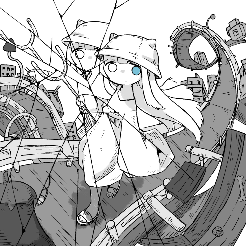 1girl absurdres animal_ears_helmet barefoot_sandals_(jewelry) blue_eyes broken_glass broken_mirror cat_helmet crack cracked_glass different_reflection dress glass helmet heterochromia highres holding holding_stick impossible_architecture long_hair megateru mirror reflection sandals shimeji_simulation stick the_gardener_(shimeji_simulation) white_dress white_eyes white_footwear white_hair white_helmet