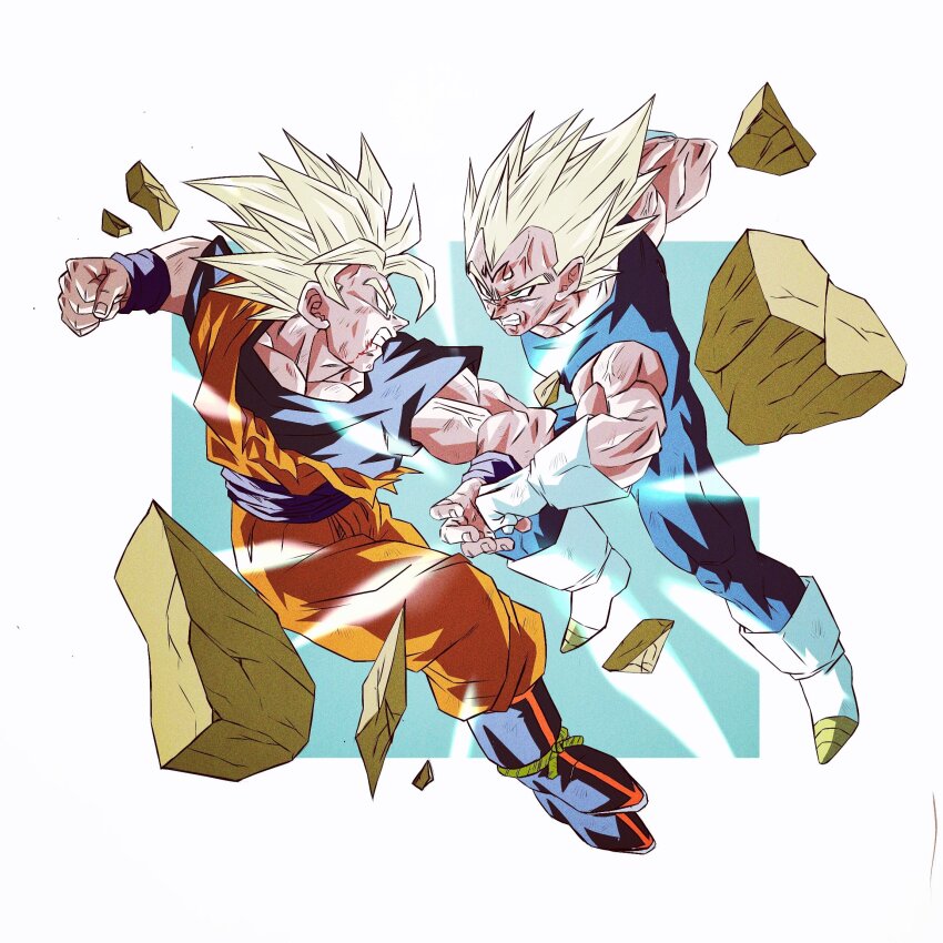 2boys blocking blonde_hair blood blood_from_mouth blue_jumpsuit blue_sash blue_shirt boots border clenched_hand clenched_teeth collarbone debris dougi dragon_ball dragonball_z duel facial_mark full_body gloves green_eyes highres jumpsuit majin_vegeta male_focus multiple_boys muscular muscular_male oharu2000 orange_pants pants punching sash shirt simple_background sleeveless son_goku spiked_hair super_saiyan super_saiyan_2 teeth toriyama_akira_(style) torn_clothes vegeta veins white_border white_footwear white_gloves widow&#039;s_peak wristband