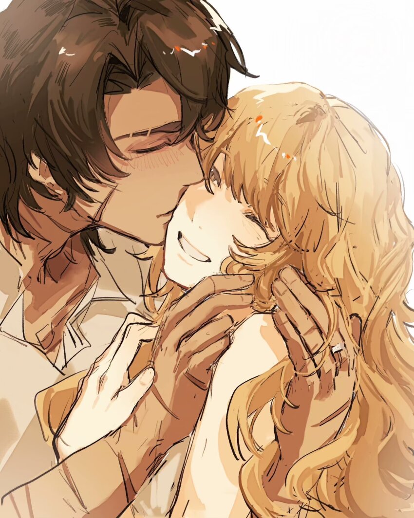 1boy 1girl blush brown_hair catherine_(project_moon) closed_eyes collared_shirt dress happy heathcliff_(project_moon) highres kiss kissing_cheek limbus_company ling_zhiyun long_hair one_eye_closed parted_bangs parted_lips project_moon scar scar_on_hand shirt sidelocks simple_background smile upper_body white_background white_dress white_shirt