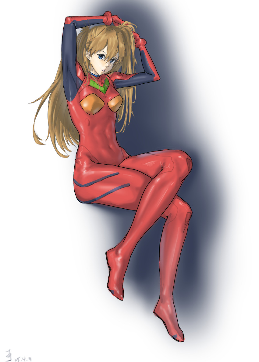 1girl artist_request blue_eyes bodysuit breasts brown_hair cowboy_shot crossed_legs full_body gloves hair_between_eyes hand_in_own_hair highres holding interface_headset_(evangelion) invisible_chair long_hair long_sleeves looking_at_viewer mecha_pilot_suit neon_genesis_evangelion plugsuit_(evangelion) red_bodysuit red_gloves shiny_clothes simple_background sitting solo souryuu_asuka_langley two_side_up wide_hips