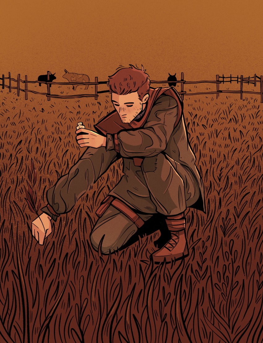 1boy absurdres artemy_burakh beard_stubble blonde_hair bottle bull facial_hair field full_body green_jacket hair_slicked_back highres holding holding_bottle jacket littlemushroomboi male_focus mature_male mustache_stubble on_one_knee outdoors pathologic pathologic_2 sepia short_hair solo stubble
