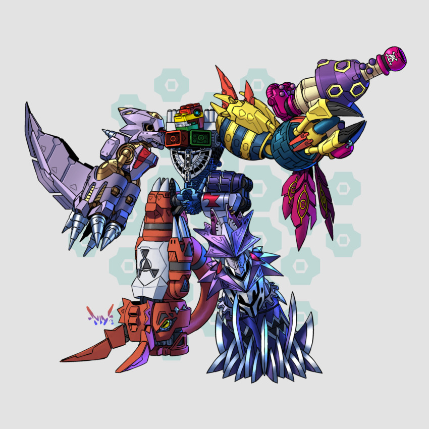 digimon digimon_(creature) digital_hazard energy_gun flymon fusion guilmon highres mecha monodramon mushmon oridigi original ray_gun robot sangloupmon solo weapon