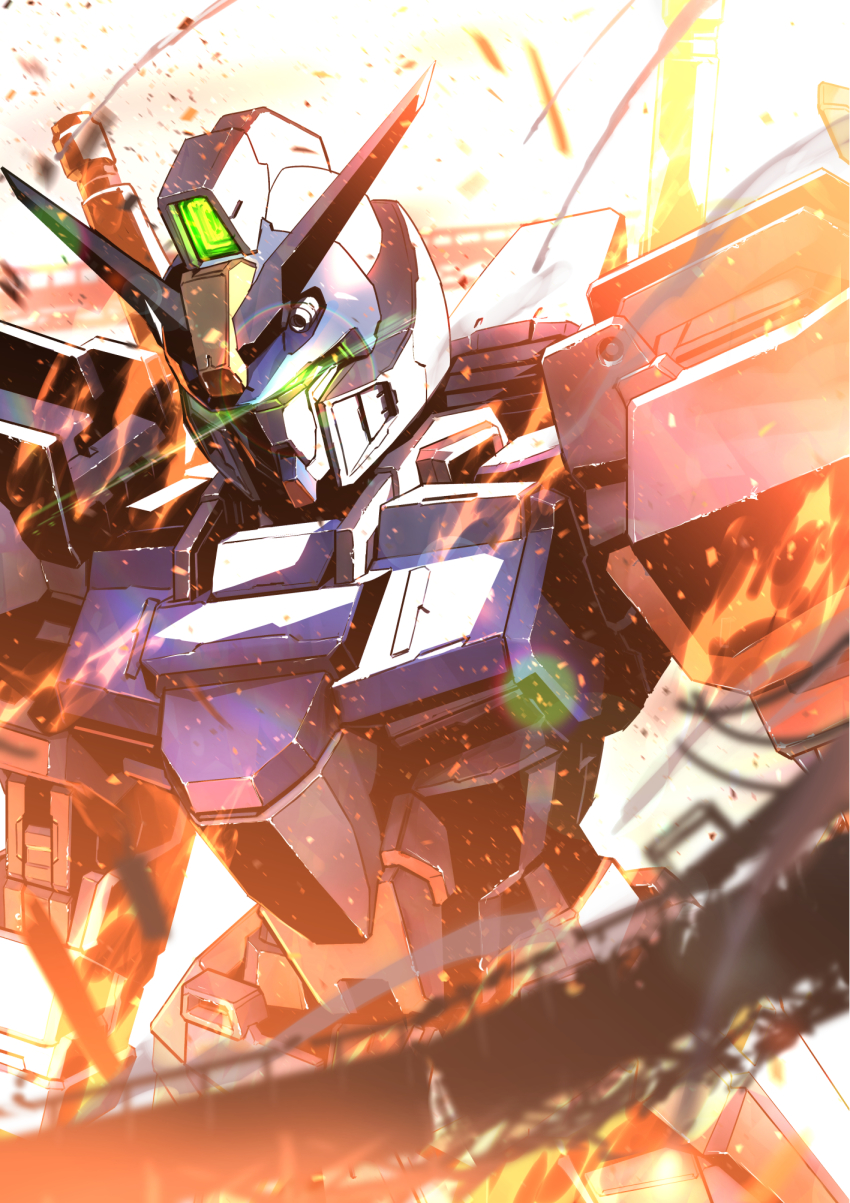 bridge duel_gundam glowing glowing_eye green_eyes gundam gundam_seed highres kuri_giepi looking_down mecha mobile_suit no_humans robot science_fiction upper_body v-fin