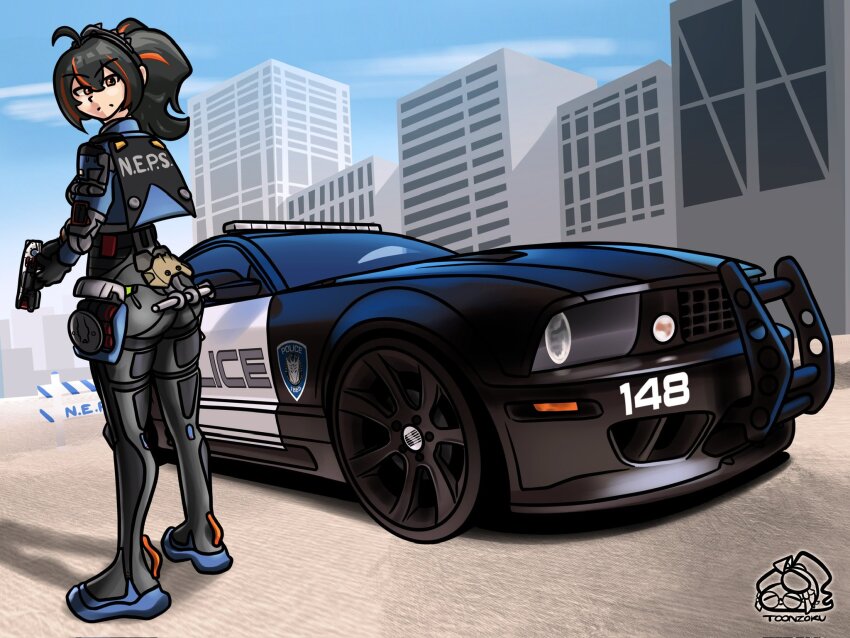 1girl artist_logo barricade_(transformers) black_pants blue_footwear cityscape ford ford_mustang ford_mustang_s197 gun handgun high-waist_pants highres holding holding_gun holding_weapon logo looking_at_viewer motor_vehicle multicolored_hair orange_eyes pants police police_uniform ponytail saleen streaked_hair toonzoku transformers weapon zenless_zone_zero zhu_yuan