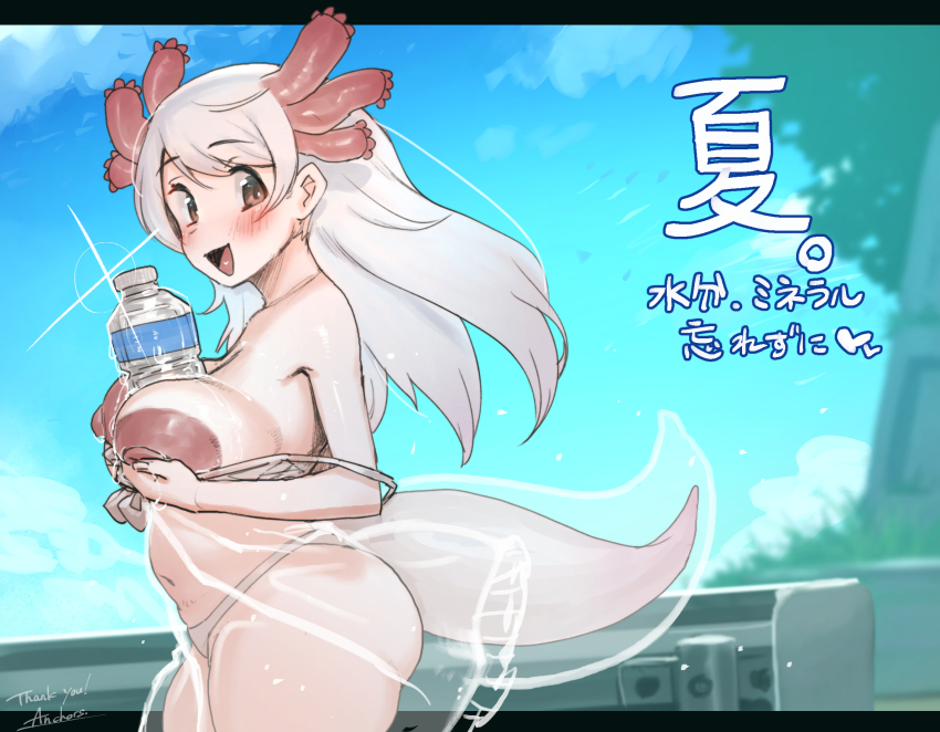 1girl anchors_(mono_eye_os) blue_sky blush bottle breasts brown_eyes highres kemono_friends large_areolae large_breasts lingerie long_hair looking_at_viewer mexico_salamander_(kemono_friends) navel negligee nipples outdoors panties pink_hair sky solo tail translation_request underwear water_bottle