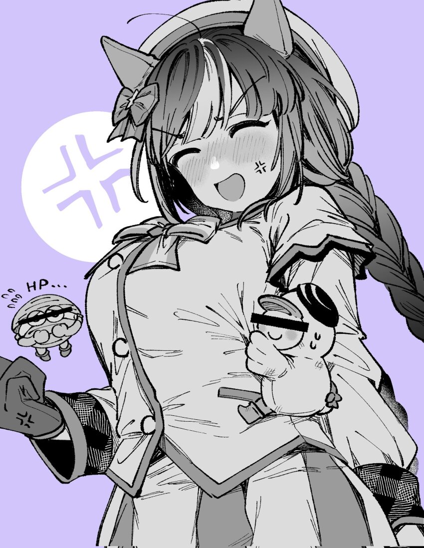 1girl anger_vein angry animal_ears beret braid breasts censored clenched_hands closed_eyes hat highres hokko_tarumae_(umamusume) horse_ears censored_identity long_braid long_hair medium_breasts open_mouth ribbon satomachi simple_background solo tomachop twin_braids umamusume