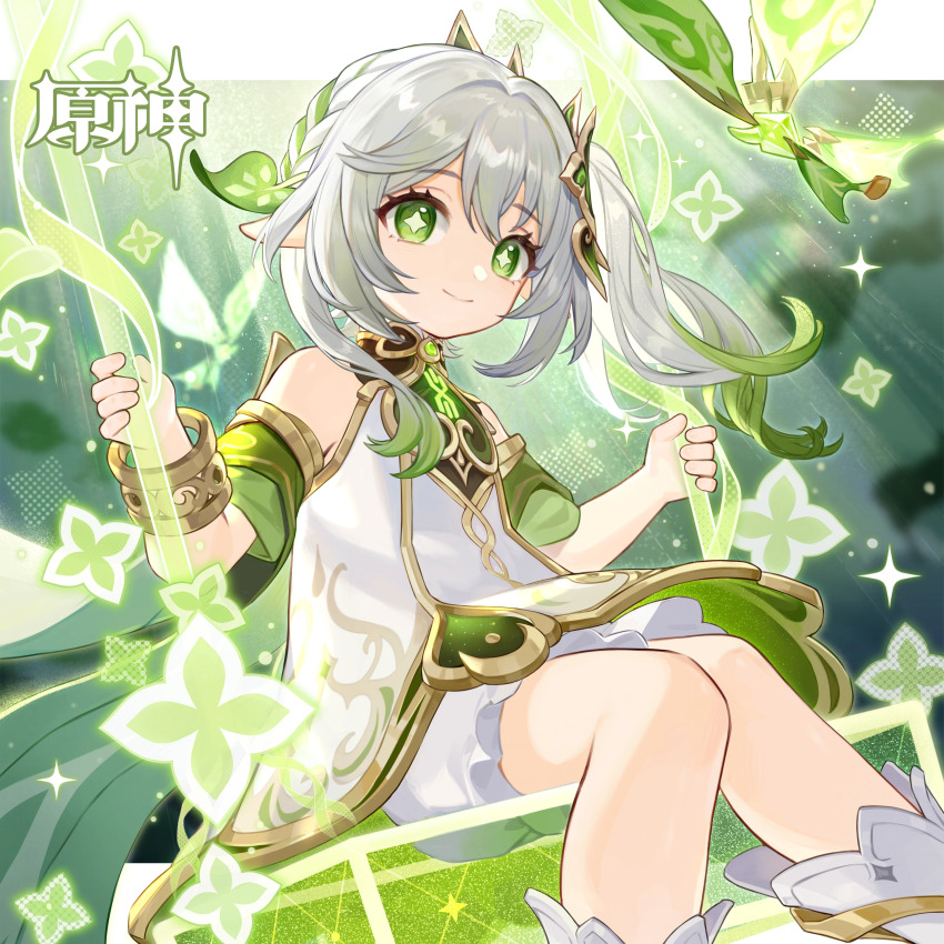 0_0 1girl absurdres bare_shoulders bloomers closed_mouth commentary_request copyright_name dress feet_out_of_frame genshin_impact green_eyes green_hair grey_hair hair_between_eyes highres knees_together_feet_apart looking_at_viewer multicolored_hair nahida_(genshin_impact) official_art on_swing sitting sleeveless sleeveless_dress smile solo swing two-tone_hair underwear white_bloomers white_dress