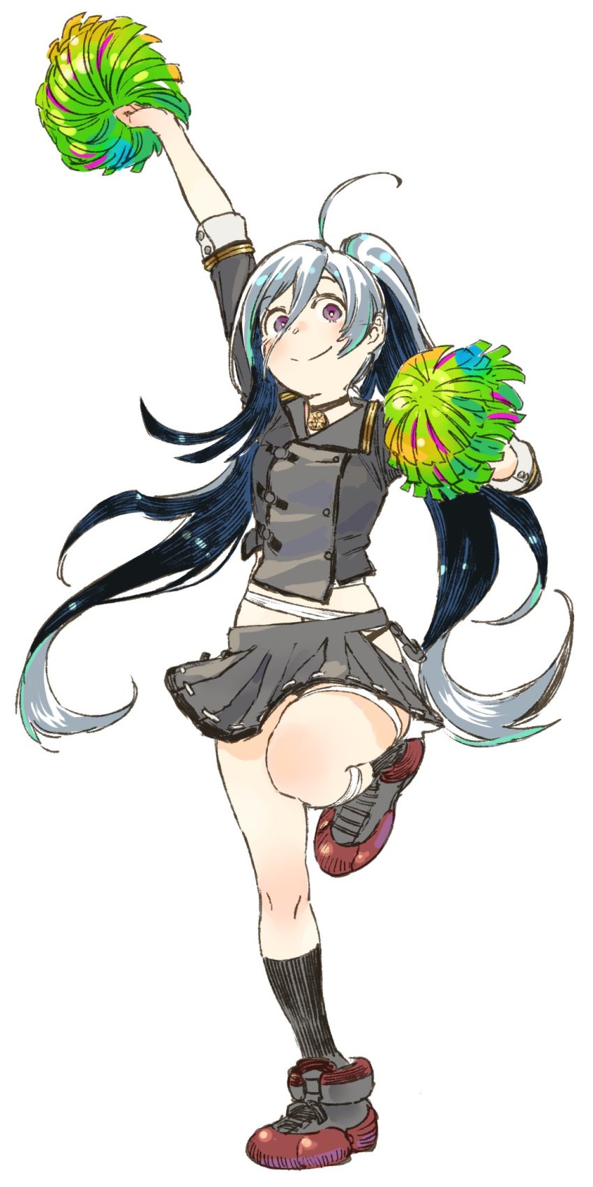 1girl adapted_costume ahoge alternate_costume alternate_hairstyle bad_id bad_twitter_id black_socks buttons cheerleader cosplay double-breasted female_focus full_body grey_hair hair_between_eyes highres hip_vent kantai_collection kiyoshimo_(kancolle) kneehighs long_hair looking_at_viewer musashi_(kancolle) musashi_(kancolle)_(cosplay) musashi_kai_ni_(kancolle) pleated_skirt pom_pom_(cheerleading) ponytail purple_eyes skirt smile socks solo standing standing_on_one_leg uyama_hajime