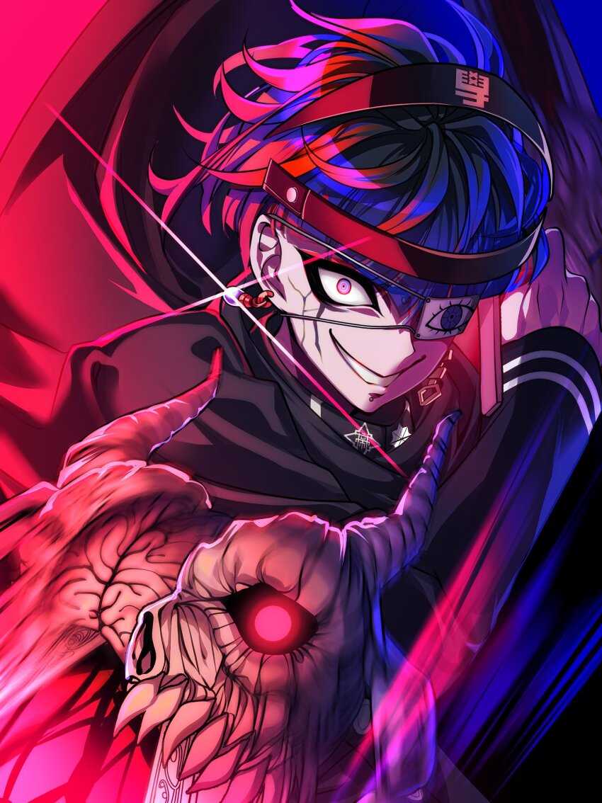 1boy black_cape black_hair blue_hair cape constricted_pupils dual_wielding earrings evil_grin evil_smile eye_print eyepatch glint grey_eyes grin headgear highres holding holding_weapon jewelry last_defense_academy_school_uniform long_sleeves looking_at_viewer male_focus multicolored_hair nota_sayaka omokage_yugamu print_eyepatch redrawn school_uniform short_hair smile solo the_hundred_line_-last_defense_academy- weapon