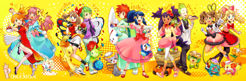 3boys 6+girls alternate_costume apple ash_ketchum ashley_(pokemon) ashley_(pokemon_bw098) axew beautifly berry_(pokemon) blue_dress blue_eyes blue_hair bow bowtie bulbasaur butterfree character_name china_dress chinese_clothes cilan_(pokemon) clothed_pokemon combusken crossdressing crustle dawn_(pokemon) dress drew_(pokemon) fennekin flabebe flabebe_(orange_flower) food fruit gen_1_pokemon gen_2_pokemon gen_3_pokemon gen_4_pokemon gen_5_pokemon gen_6_pokemon glameow gloves green_eyes green_hair hair_bow hand_fan harisen highres holding holding_poke_ball iris_(pokemon) long_hair may_(pokemon) misty_(pokemon) multiple_boys multiple_girls nintendo official_alternate_costume open_mouth orange_hair pansage pantyhose petals pikachu pink_dress pink_hair piplup poke_ball poke_ball_(basic) pokemon pokemon_(anime) pokemon_(classic_anime) pokemon_(creature) pokemon_bw098 pokemon_bw_(anime) pokemon_contest pokemon_dp012 pokemon_dp174 pokemon_dppt_(anime) pokemon_hoso_(anime) pokemon_hs01 pokemon_rse_(anime) pokemon_sommelier ponytail purple_hair red_dress red_eyes rose_petals roselia_(pokemon) sasairebun serena_(pokemon) shauna_(pokemon) short_hair smile togekiss togepi traditional_bowtie trap tripokalon zoey_(pokemon)